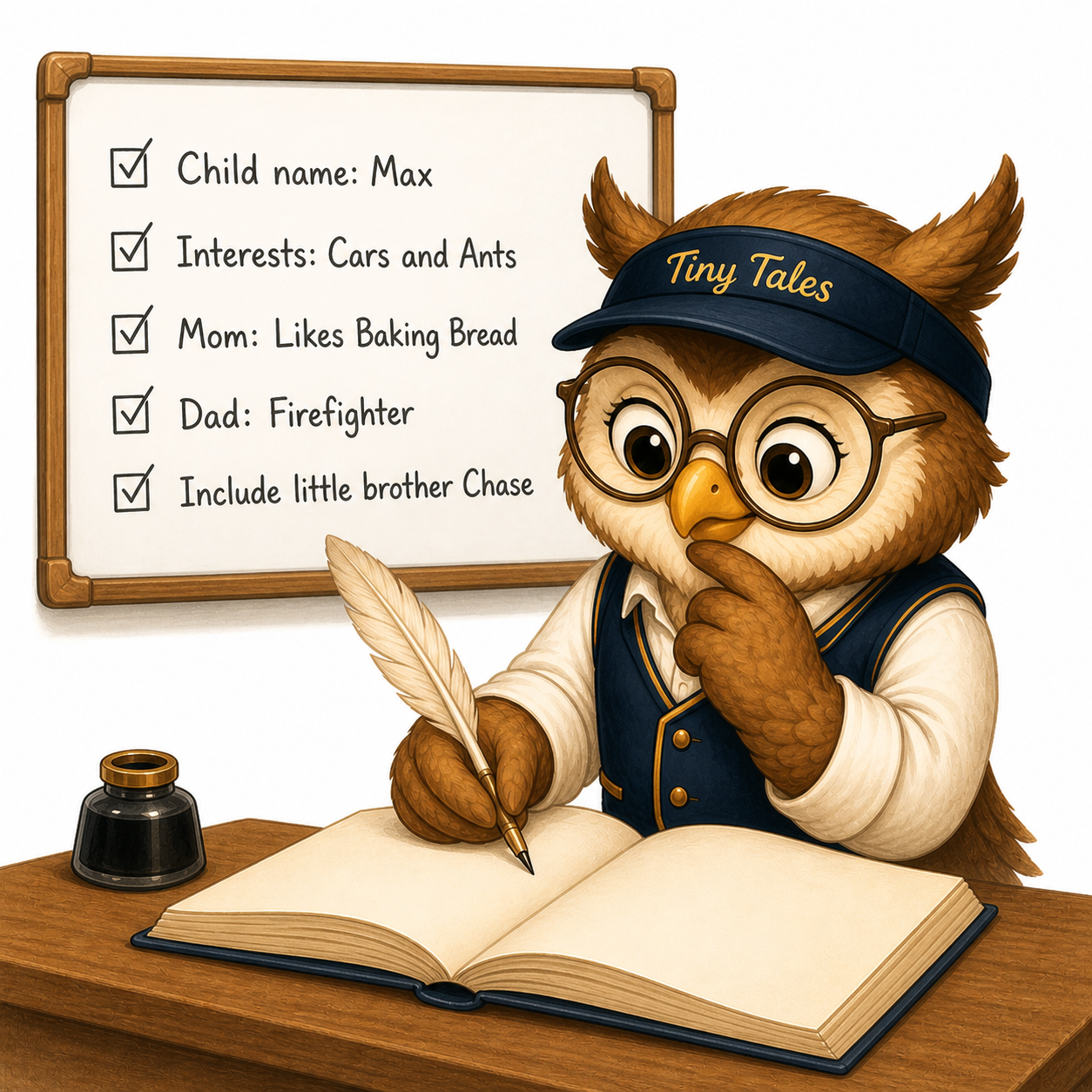 TinyTales owl writing a personalized story from your child's details