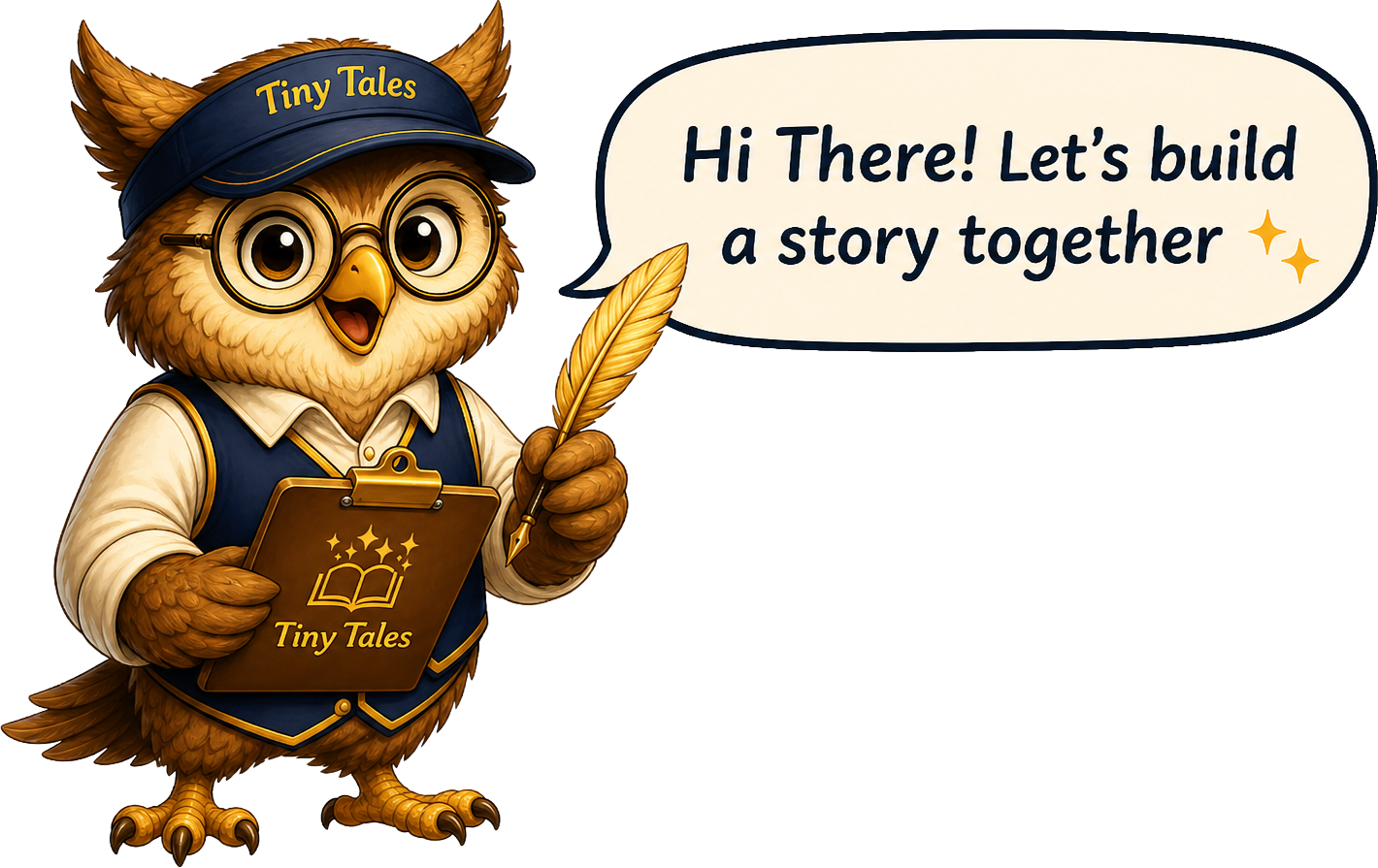 TinyTales owl saying hi there, let's build a story together