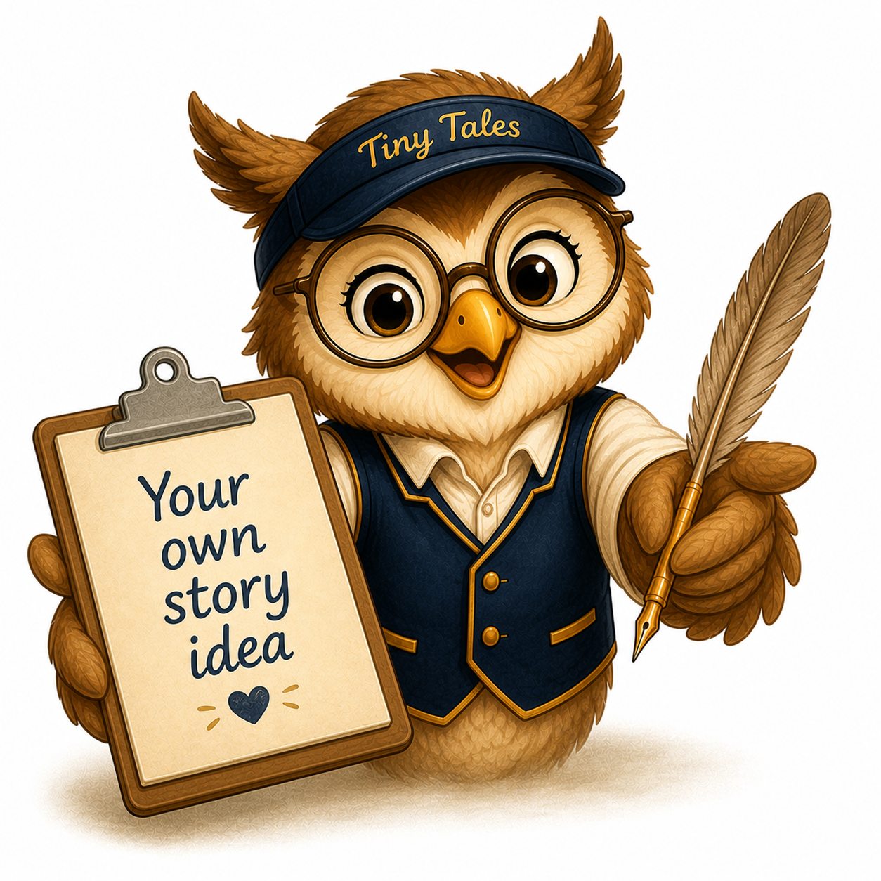 TinyTales owl holding a clipboard with your story idea